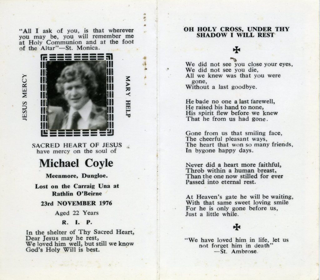 Michael Ccoyle memorial card.